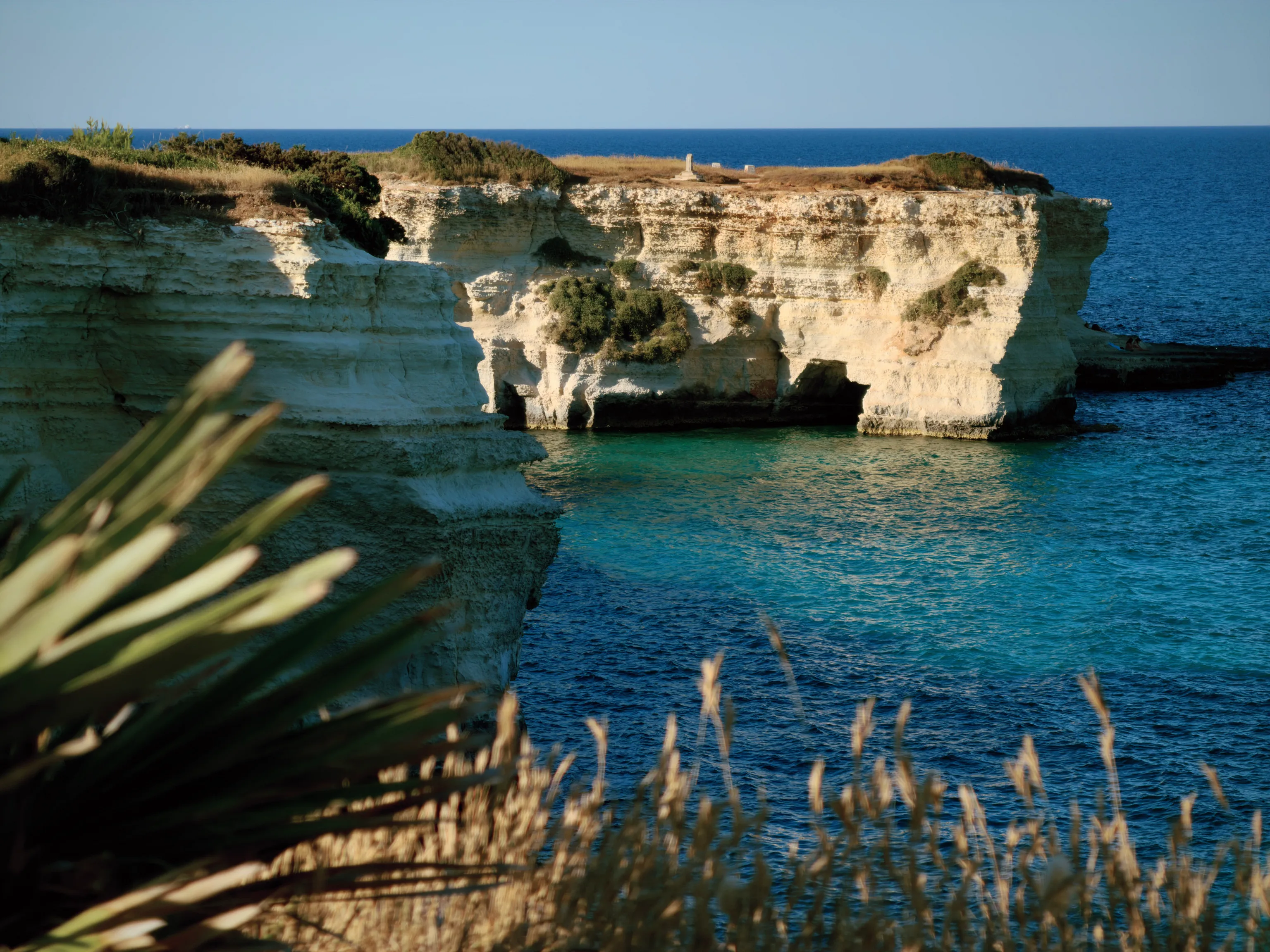 Sunlit pale limestone cliffs frame a cove of turquoise water meeting the deep blue sea, with dry grasses blurred in the foreground under a cloudless sky.