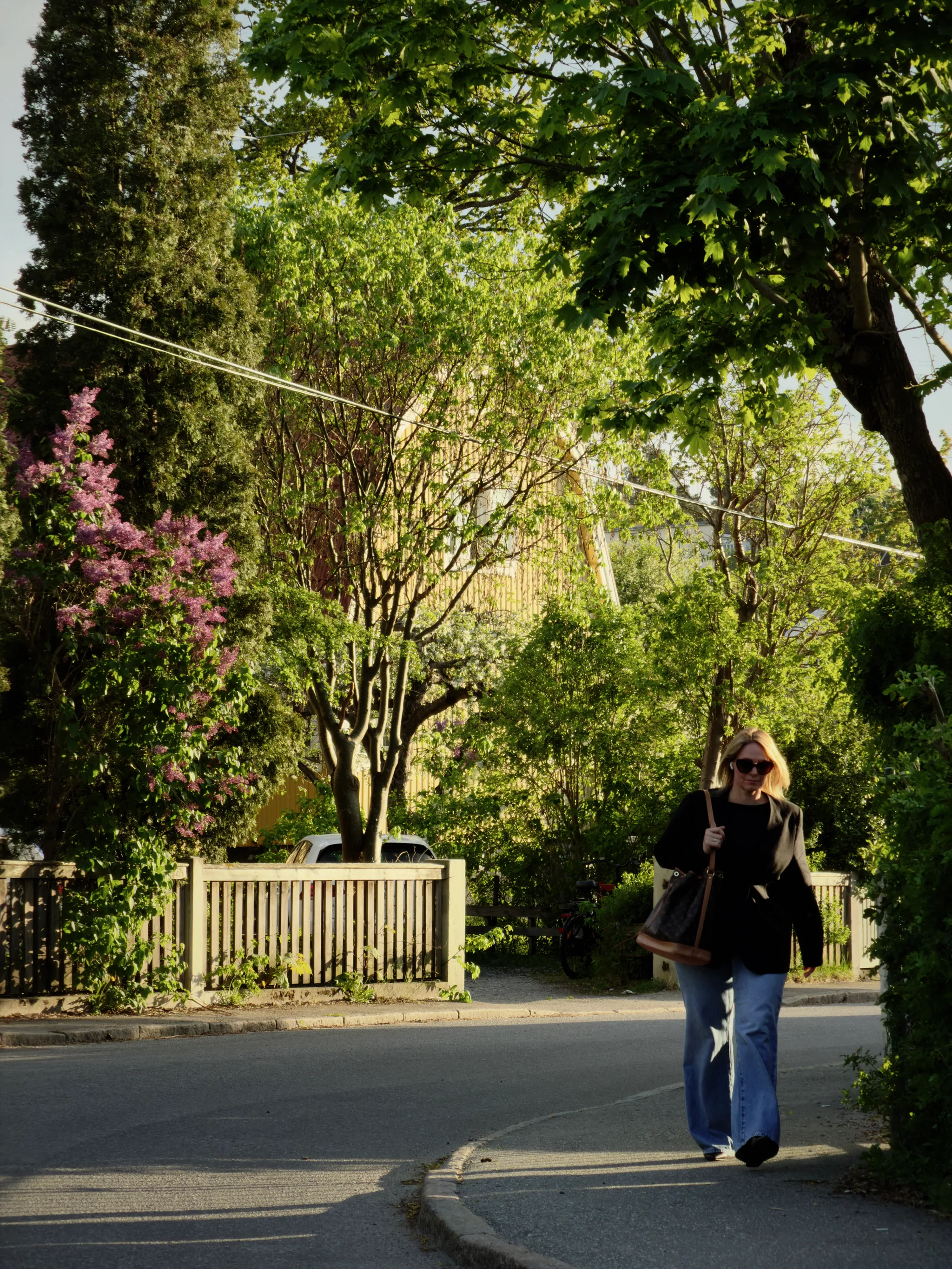 A woman in a black jacket and jeans walks along a quiet residential street past a wooden fence and blooming purple lilacs, lit by warm golden evening sunlight.