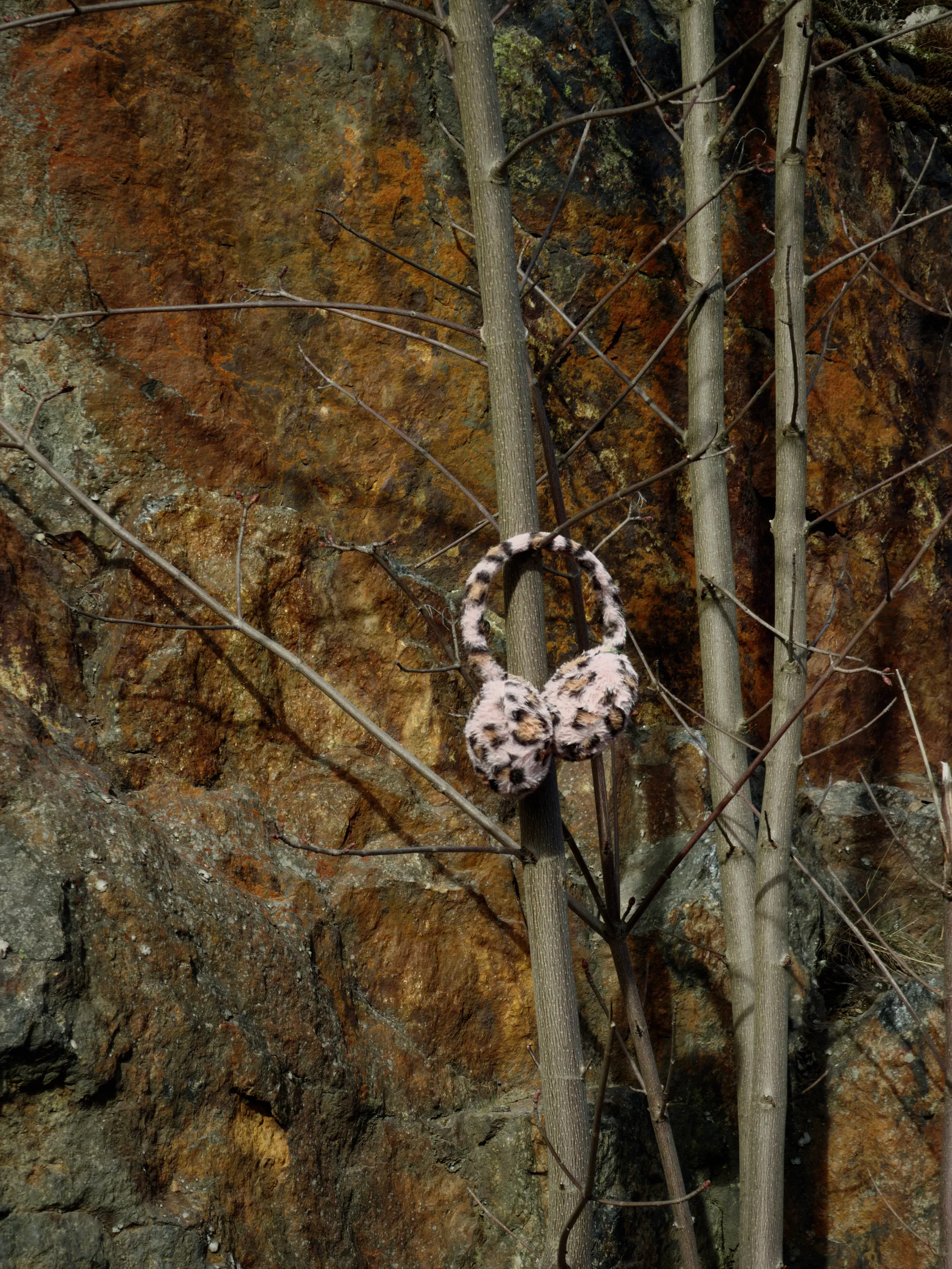 Fuzzy pink leopard-print earmuffs hang from a bare sapling against a rust-orange lichen-covered rock face, their soft texture contrasting with the rough stone in warm sunlight.