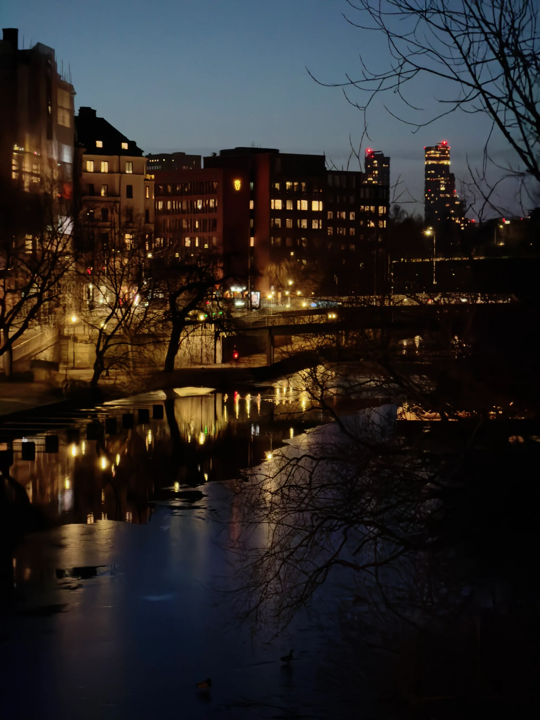 Twilight over a Stockholm canal, where bare tree branches frame apartment buildings and a bridge, and warm golden streetlights reflect across the dark, rippling water beneath a deep blue sky.