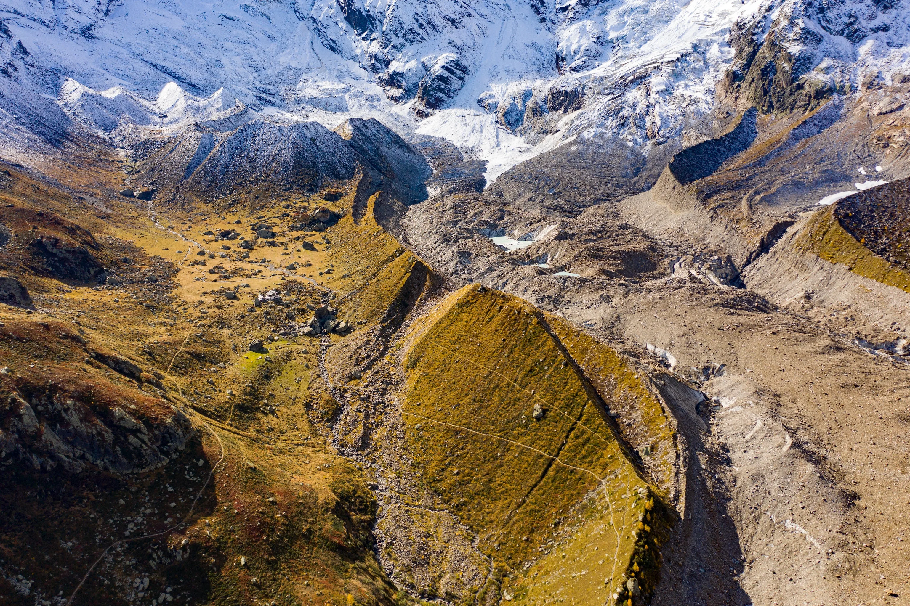 Golden autumn grass slopes contrast with grey rocky moraine in an aerial view of Belvedere Glacier, where snow-capped peaks rise above a small turquoise glacial lake.