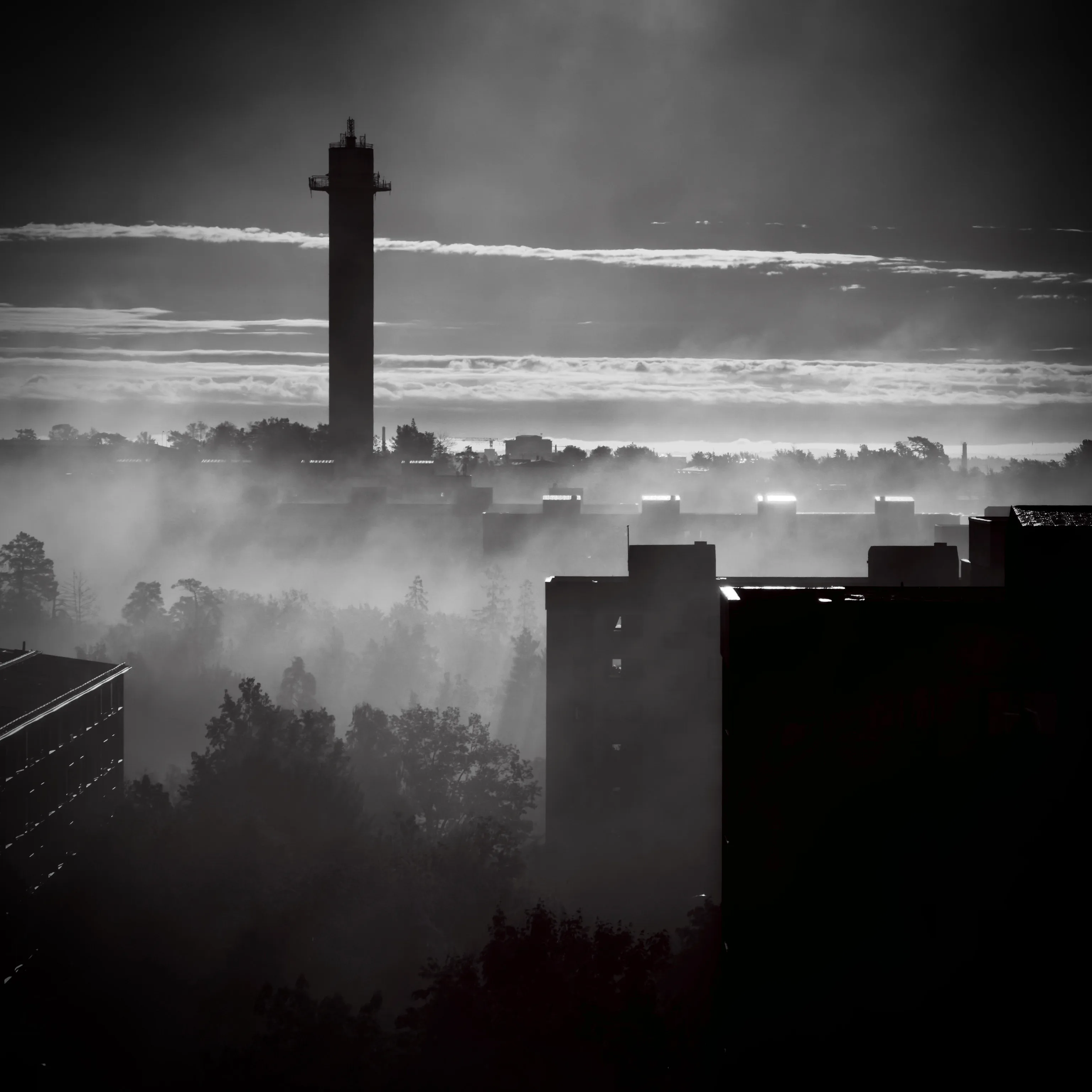 Morning fog drifts between dark silhouetted buildings and treetops while a tall tower rises against layered clouds in this high-contrast black-and-white Stockholm cityscape.
